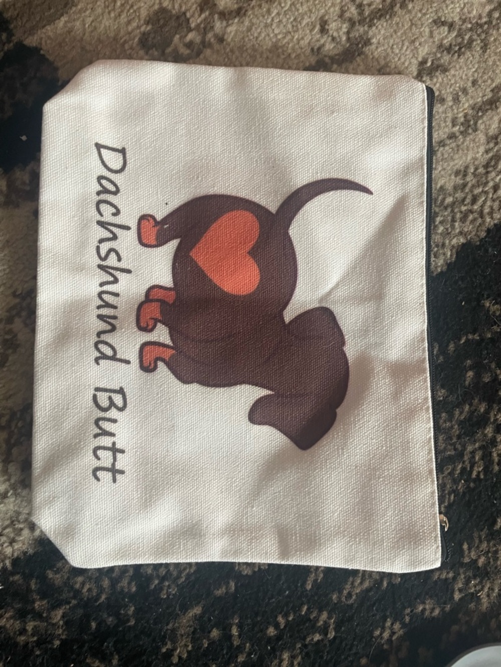 Dachshund Butt Canvas Zip Pouch - White with Brown & Orange Graphic